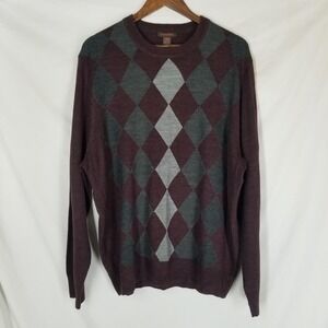 Dockers Mens XL‎ Sweater Maroon Gray Argyle Crew Neck Long Sleeve Acrylic